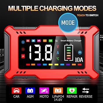 Car Battery Charger 10A with Large LCD Display for 12V Lead Acid & 14.6V LiFePO4, Automatic Battery Maintainer, Trickle Charger, Desulfator, AGM/Gel/SLA Charger for Cars Trucks Motorcycles Boats