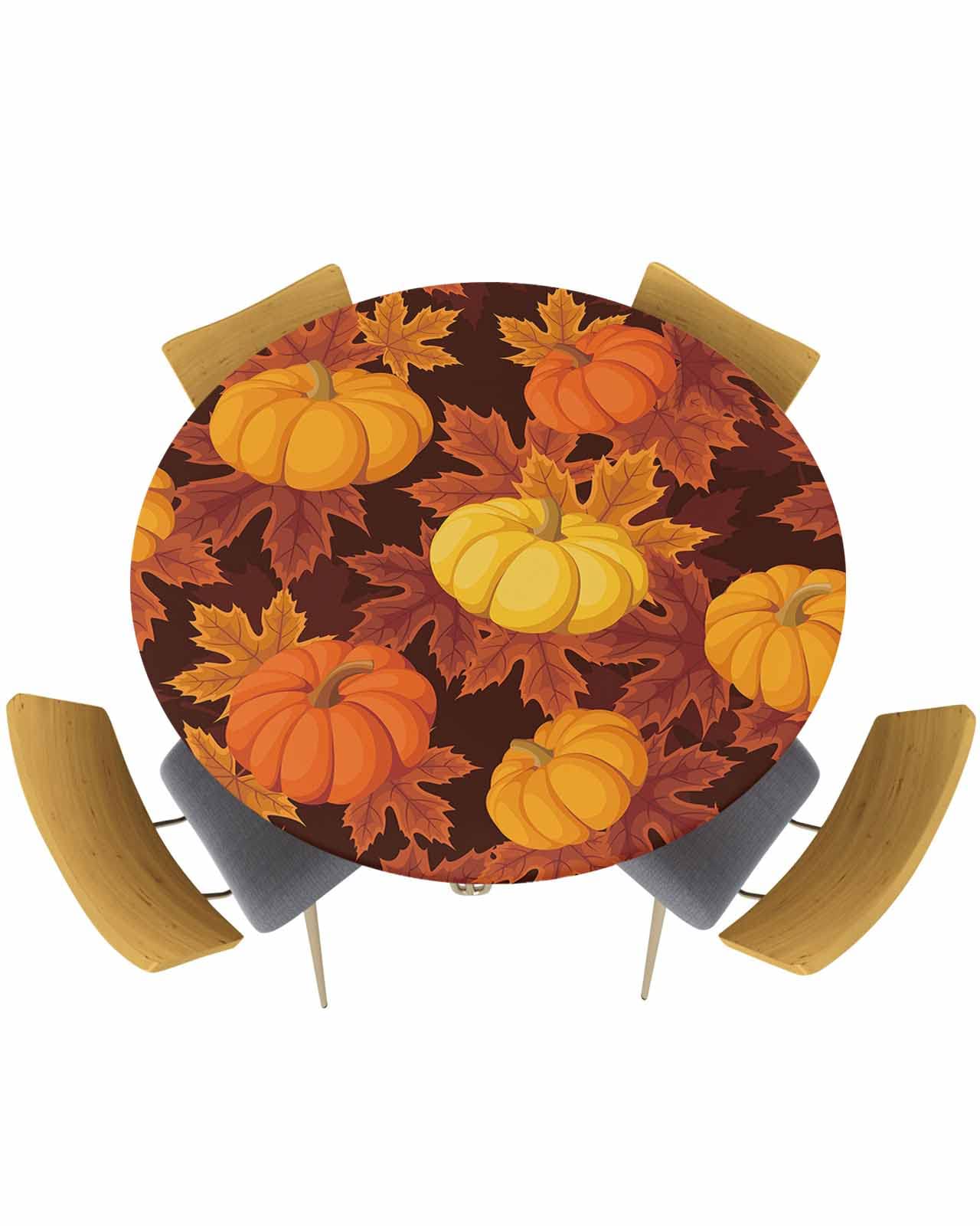 Fall Pumpkin Maple Leaves Round Table Cloth Fitted Tablecloth,Table Cover with Elastic Edge Waterproof Table Cloth,Thanksgiving Harvest Circle Table Covers for Kitchen Indoor Outdoor Picnic 55-60in