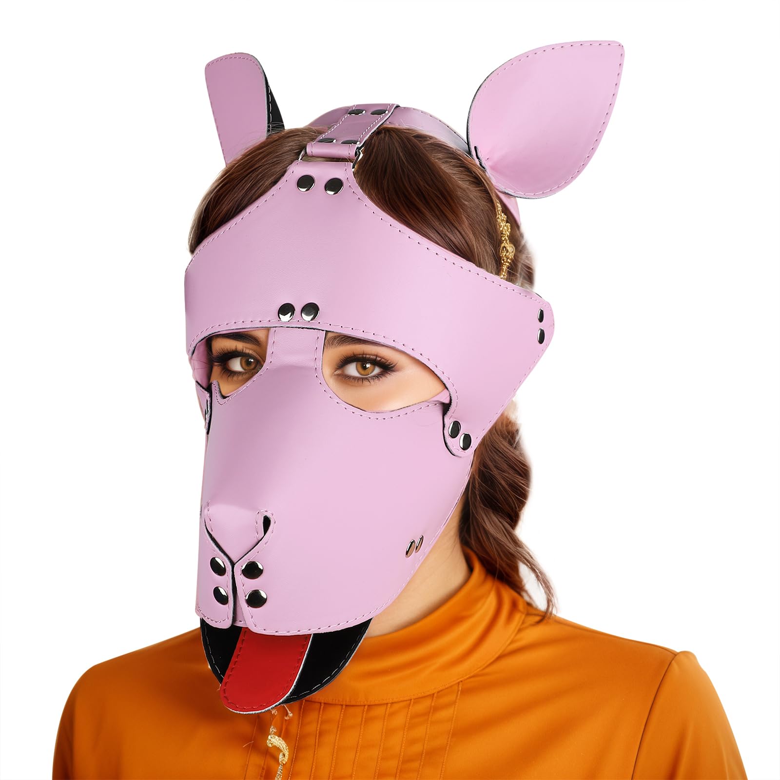 TINAYAUE Dog Head Mask for Adult Gothic Punk Leather Puppy Mask Headgear Full Face Animal Headcover Cosplay Halloween Costume Masks Funny Couples SM Tools (Pink)
