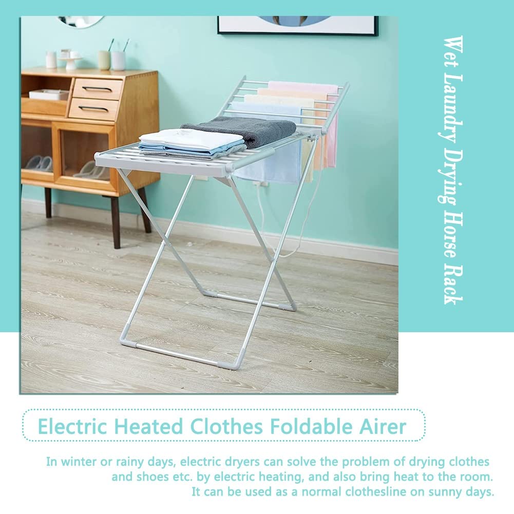 Tendedero Secador Eléctrico Plegable de Interior, Tendedero De Ropa con Calefacción Eléctrica, Calentador de Toallas de X para Establos, Lavado y Secado de 18 Barras con Alas