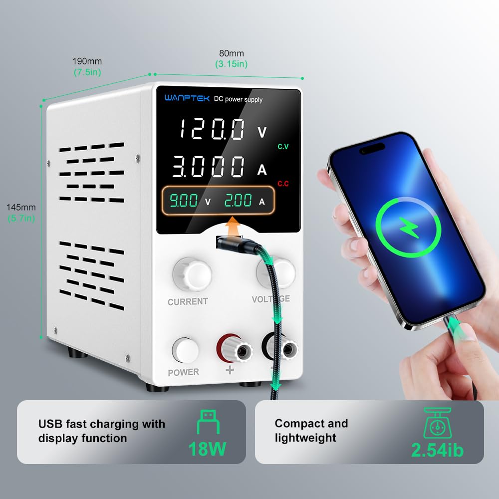 Alimentatore da Banco 120V 30A, Alimentatore da Laboratorio con Display LED a 4 Cifre, Alimentatore Regolabile con Manopola Encoder/Ricarica Rapida USB