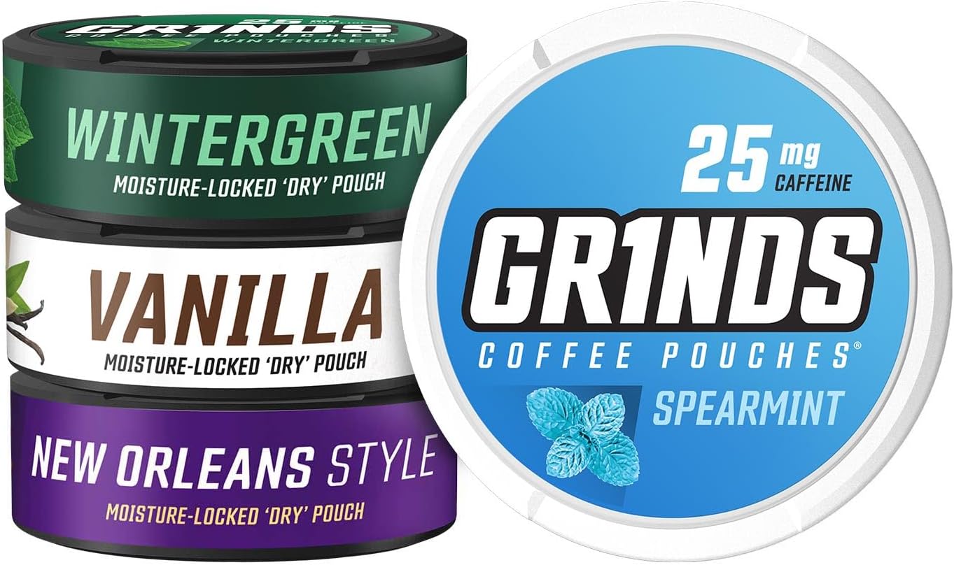 Grinds Coffee Pouches New Top 4 Flavors Spearmint, Wintergreen