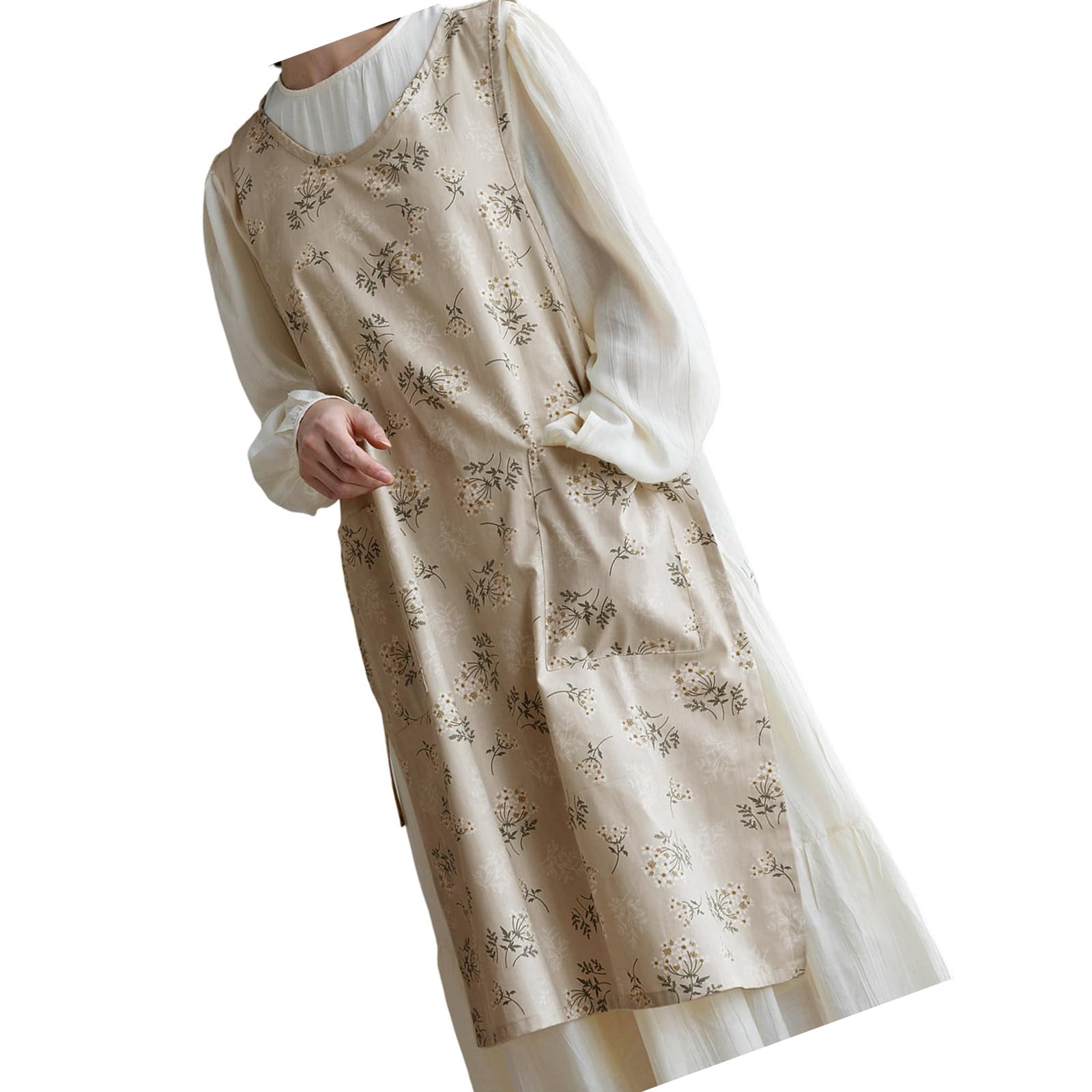 Kalttoy Kitchen Apron Floral Pattern Breathable Cotton Linen Adjustable Belt Practical Workwear Cotton Linen Apron with Pockets