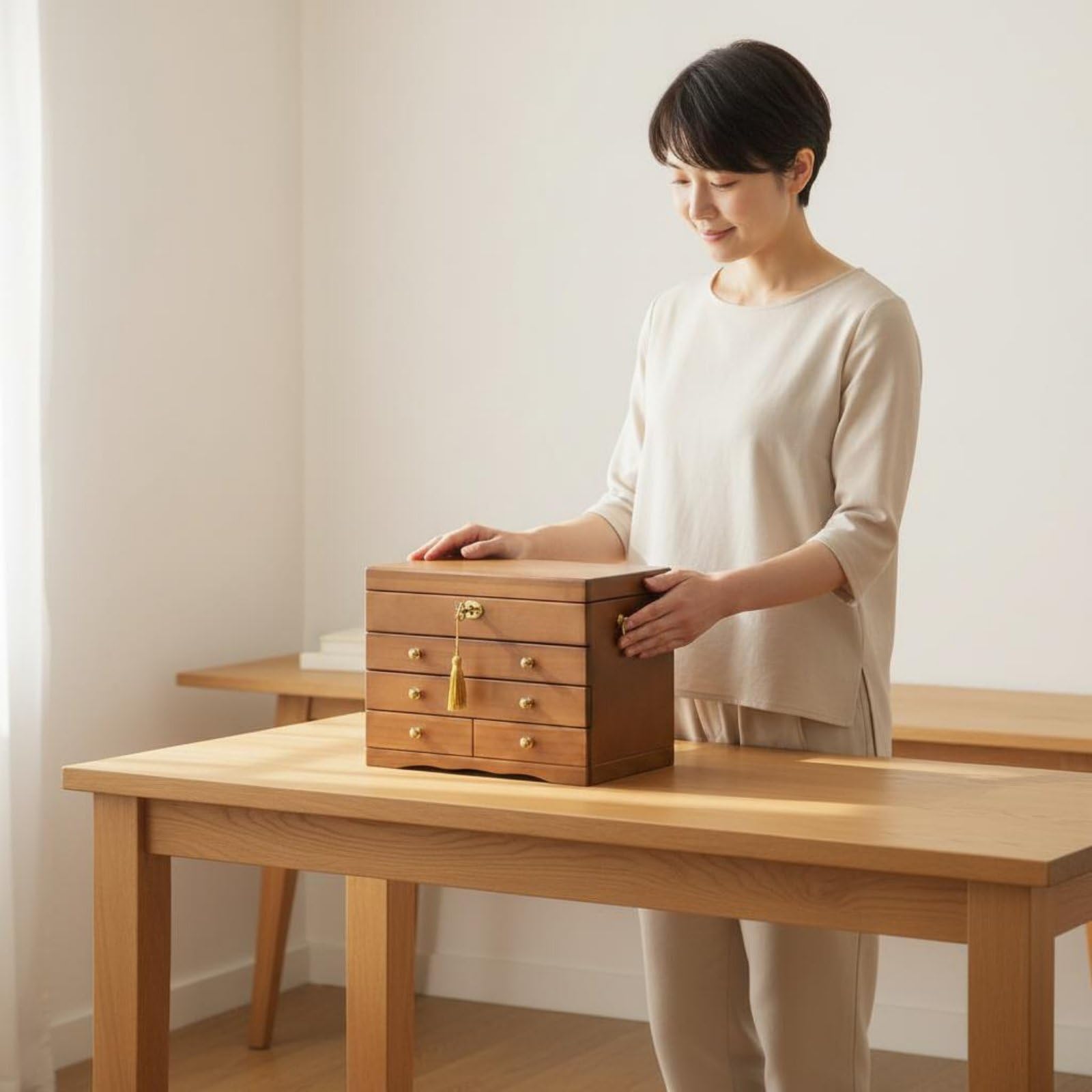 Porta Gioie Scatola Portaoggetti Cofanetto Cassettiera con Serratura in Legno con Capacità Ampia Interno Foderato Antiossidante con Specchio Integrato, Porta Laterale+Con Serratura