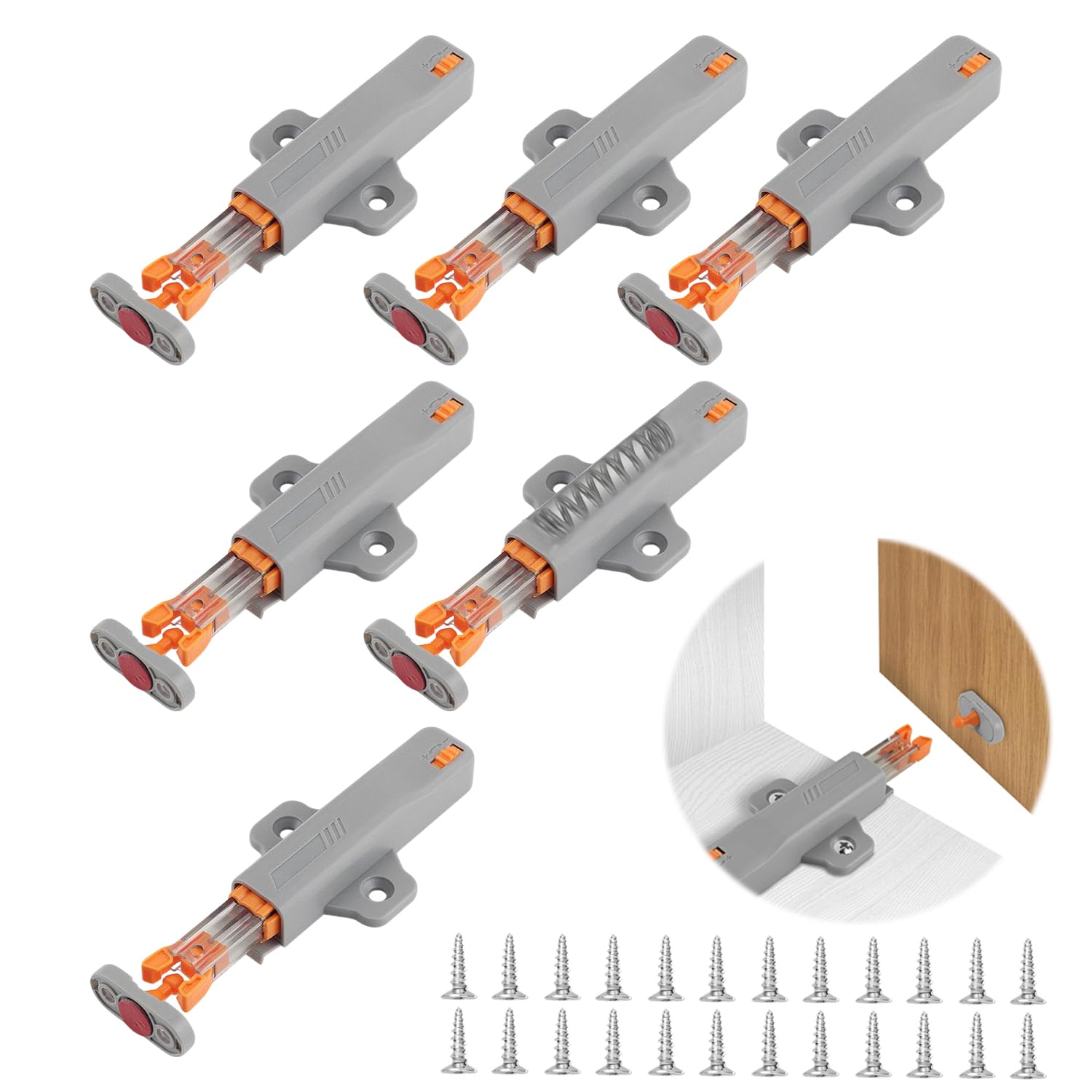 6 PCS Push to Open Door Catches, Heavy Duty Door Catch, Push to Open, Push to Open Latch for Closet Closing Closure Spring Push Latch Door Roller Catch, Release Touch Latch Drawer Grey