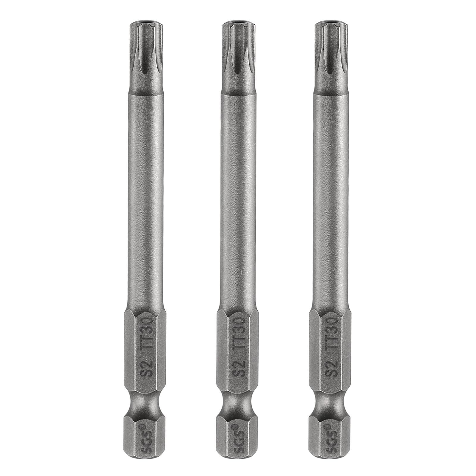 HARFINGTON 3pcs TT30 Security Torx Head Screwdriver Bit 3.15" (80mm) Long 1/4" Hex Shank Magnetic Tamper Proof 6 Point Star Screw Driver Drill Bits S2