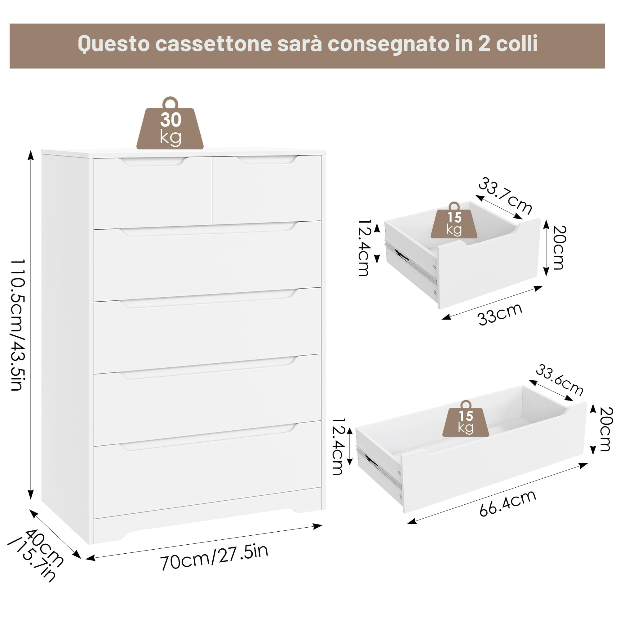HOCSOK Cassettiera a 6 Cassetti, Comò Camera da Letto, Cassettiera Salvaspazio in Legno, Moderna Mobiletto Multiuso per Soggiorno Sala da Pranzo Corridoio, Bianco, 110.5 x 70 x 40 cm