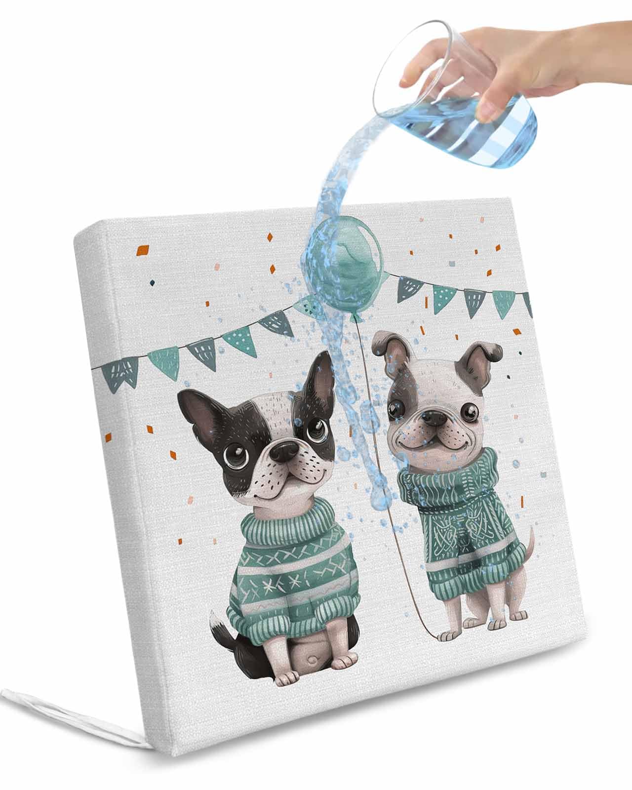 Homechoid Funny Dogs Indoor Outdoor Couch Cushion Covers Replacement 4 Pack, Country Green Animal Pets Balloon Celebration Waterproof Chair Sofa Seat Cover with Ties 22x22x4