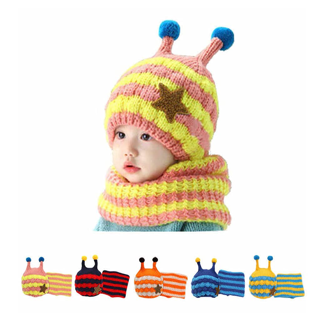 Vinson Kids Winter Cap Shawl Set for 1 Year to 4 Year, Knitted Woolen Hat Scarf Very Warm Children Bee Cap (Yellow & Pink) 3