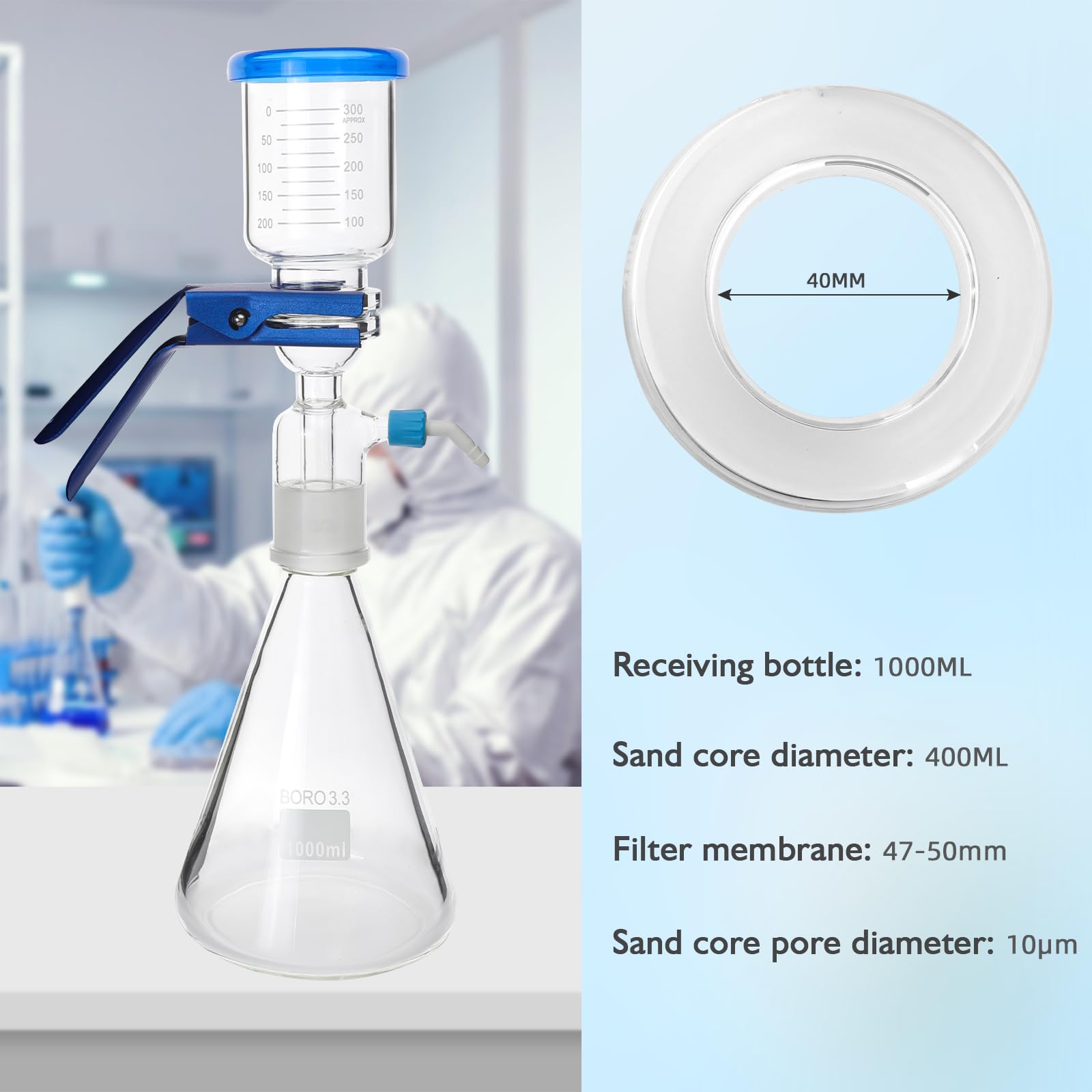 Aparato de filtración de destilación, aparato de destilación de filtración al vacío de laboratorio, aparato de destilación de filtración al vacío de vidrio de borosilicato (1000 ml)