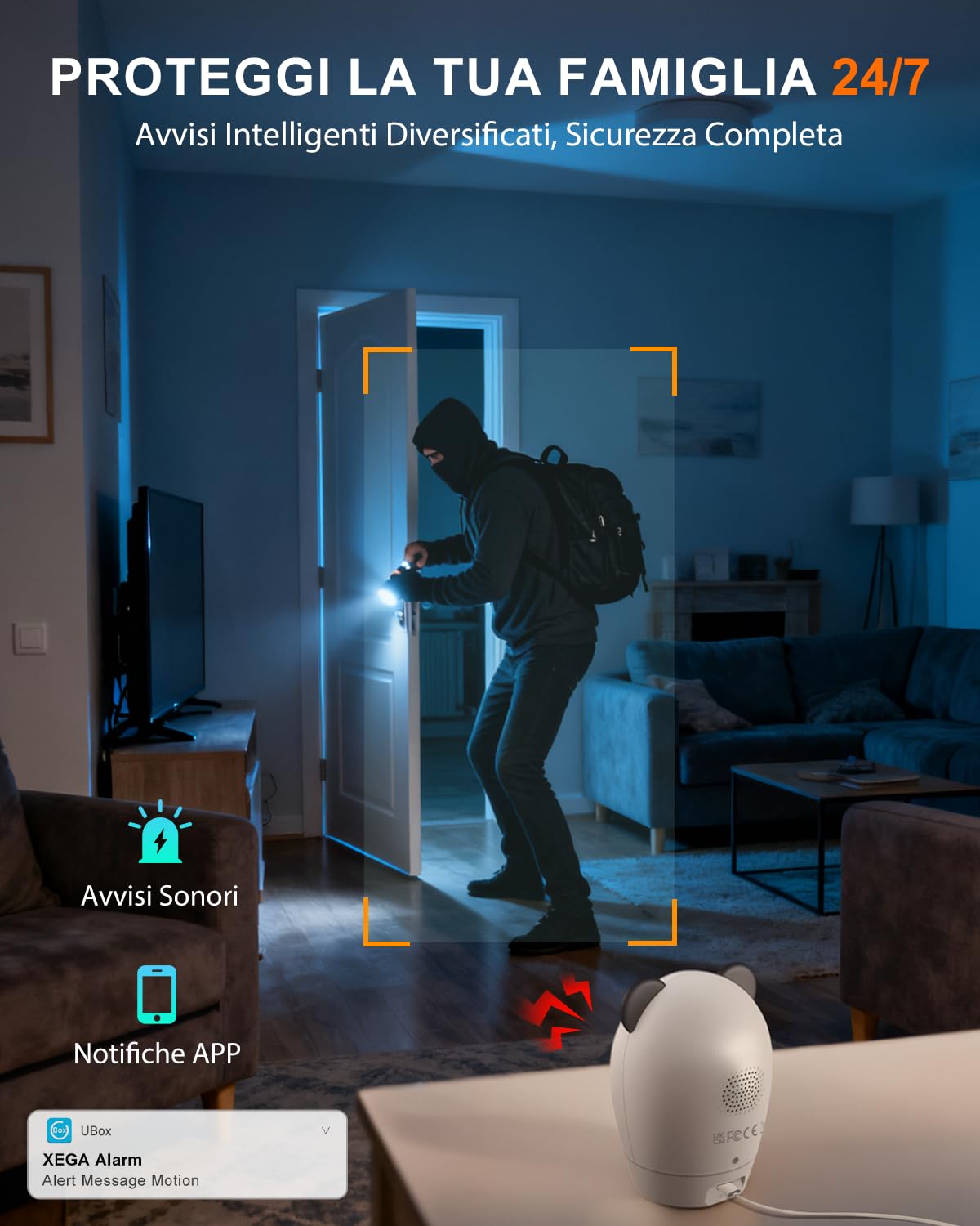 Xega Telecamera 4G Interno SIM, 24/7, 2K Notte, Senza WiFi, 355° Pan | Rilevamento PIR, Audio Bidirezionale, TF/Cloud, 60° Tilt, Per Neonati, Anziani e Animali