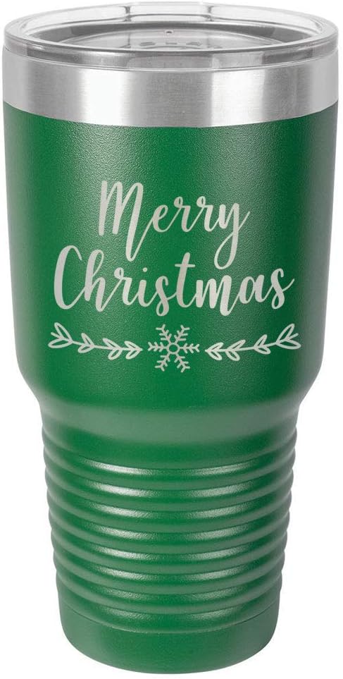 MERRY CHRISTMAS Green 30 oz Tumbler With Straw and Slide Top Lid | Stainless Steel Travel Mug | Compare To Yeti Rambler
