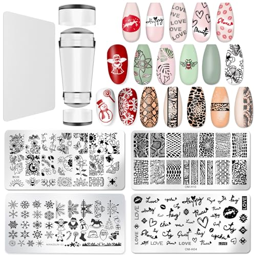 Nail Stamper Plate Kit, 4x Nail Stamping Plates +Dual-end Silicone