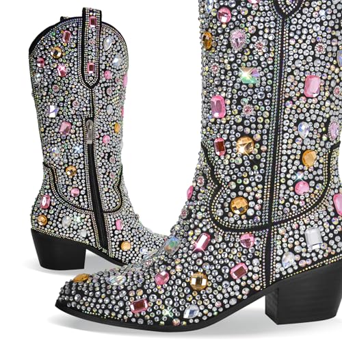 Image of Richealnana Sparkly Rhinestones Cowboy Cowgirl Style Boots Calf High Boots for Women 2INCH Heeled Shining Pull On Tabs