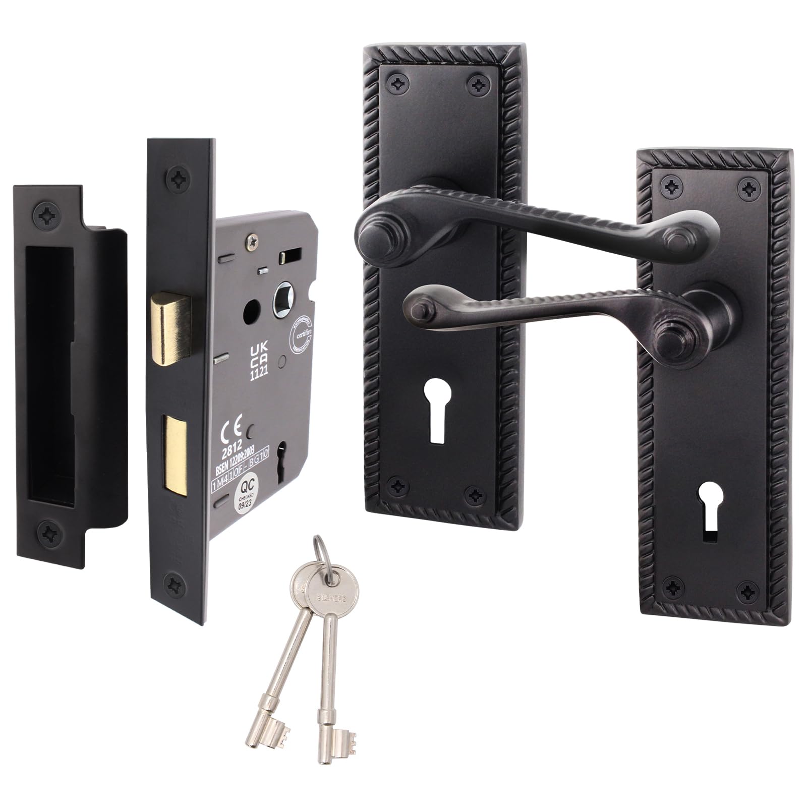 Eai Matt Black Georgian Scroll Door Handle Key Lock Set - 1 Pair Internal Lever Lock Handles, Lock 64Mm & Keys - Rope Design