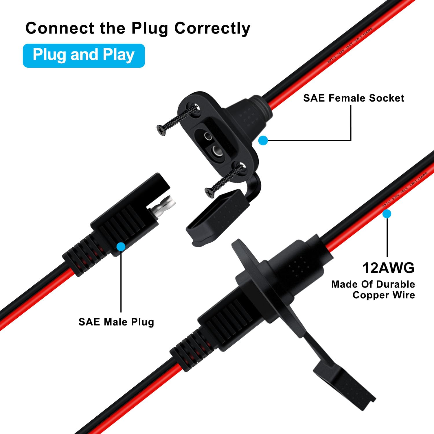 Presa SAE da Pannello con Fusibile 12AWG 25A Presa SAE Resistente Alle Intemperie 12V 24V per Moto, Automobili, Pannelli Solari (2 m/6.5 ft) - 3