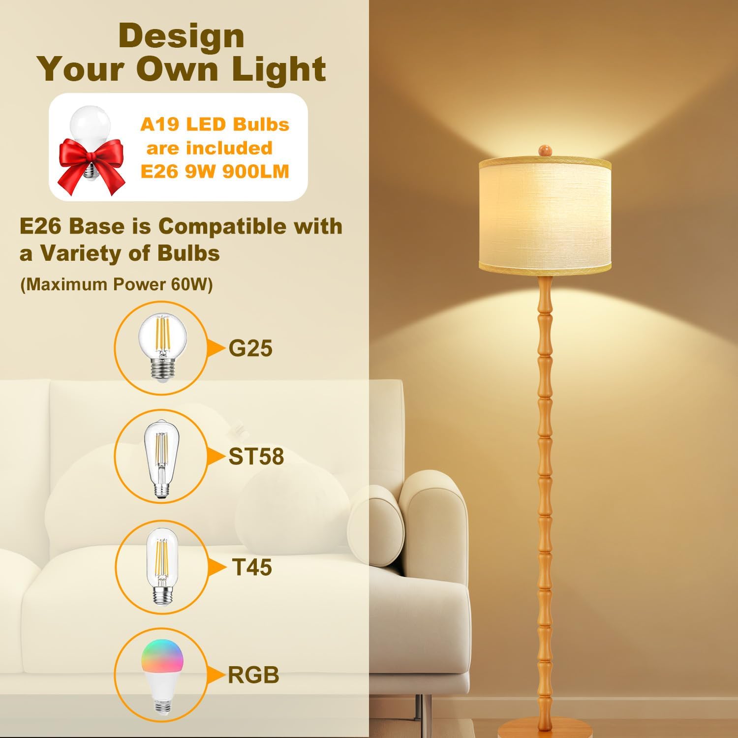 Vinaco 64" Rustic Farmhouse Floor Lamp, 3 Color Temperatures Wood Floor Lamp, Retro Standing Lamps with Rotary Switch, Tall Lamps for Living Room, Bedroom CornerOffice, Dining Room(9W Bulb Included)