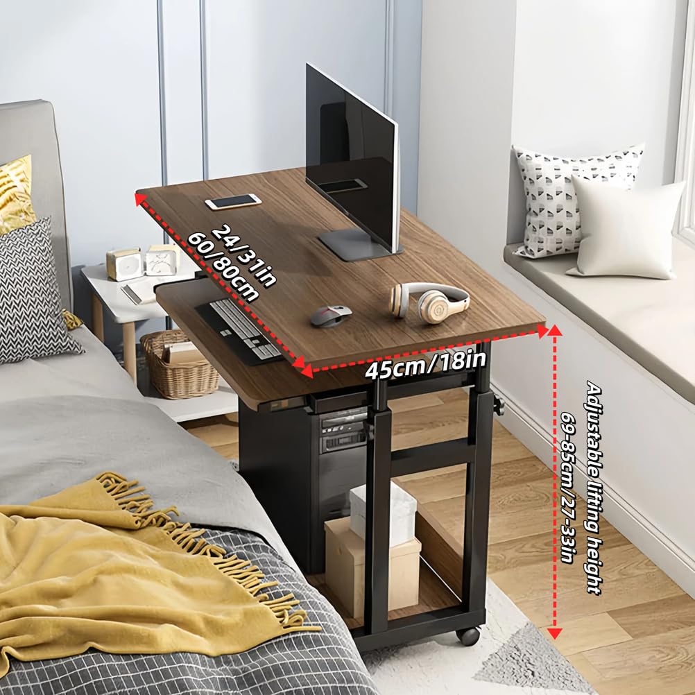 Tavolino per Laptop Regolabile in Altezza con Ruote, in Rovere Bianco, con Vassoio per Tastiera, Ideale per casa, Ufficio e Camera da Letto - 60x45 cm (24x18 Pollici)