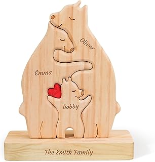 Personalized Wooden Hugging Bear Family Puzzle with 2-7 Names, Personalized Christmas Mothers for Mom, Dad, Family Members, Custom Bear Name Puzzle Gifts for Home Decor