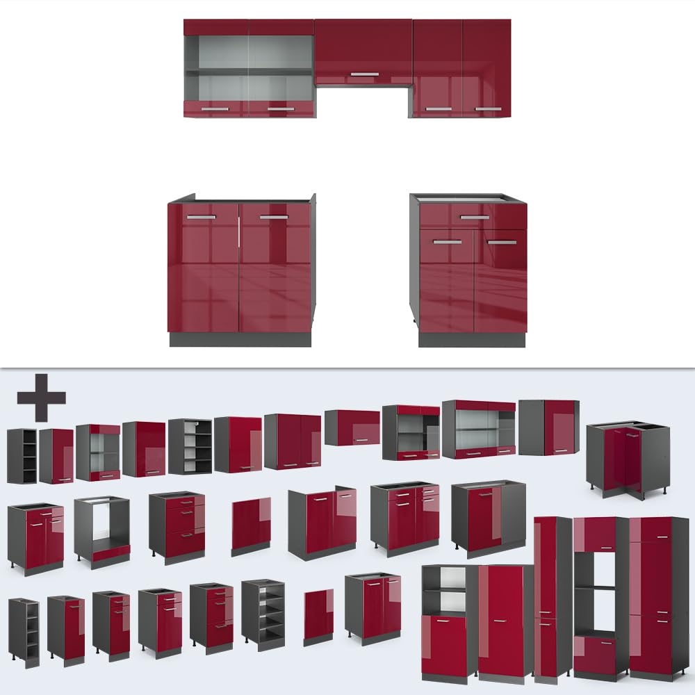 Vicco Cuisine R-Line, Rouge Brillant/Anthracite, 200cm | 5 Modules · Pieds réglables en hauteur · Sans plan de travail · Façades robustes · Avec armoire vitrée
