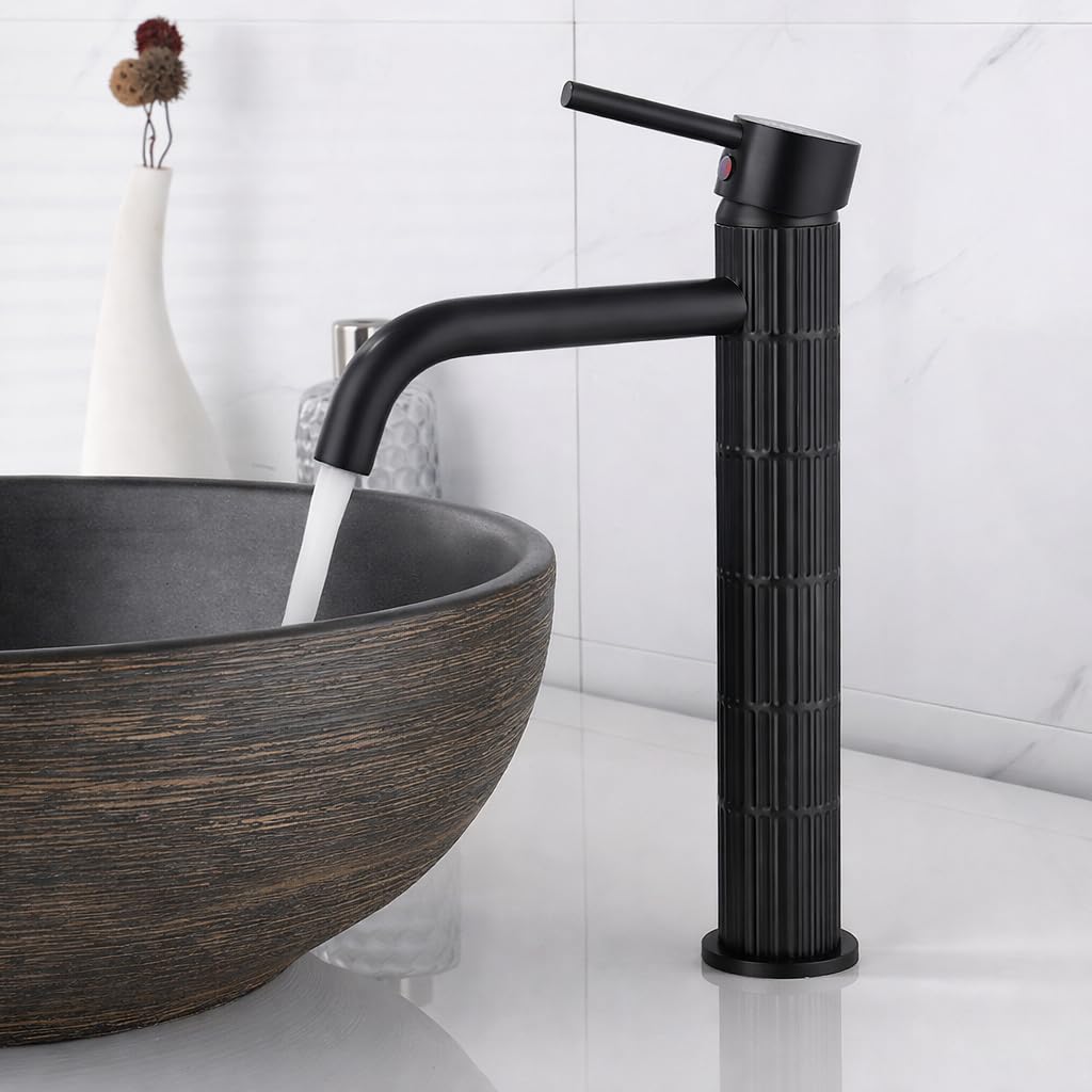 Grifo de lavabo alto monomando con cuerpo de latón, mezclador para lavabo sobre encimera, acabado negro mate, cartucho cerámico duradero (Negro mate, Alto) — view 8