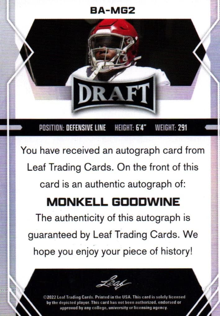 Monkell Goodwine Autographed Leaf Draft Rookie Card Collectible Football Card - 2021 Leaf Draft Football Card #BA-MG2 (Alabama) Free Shipping & Tracking