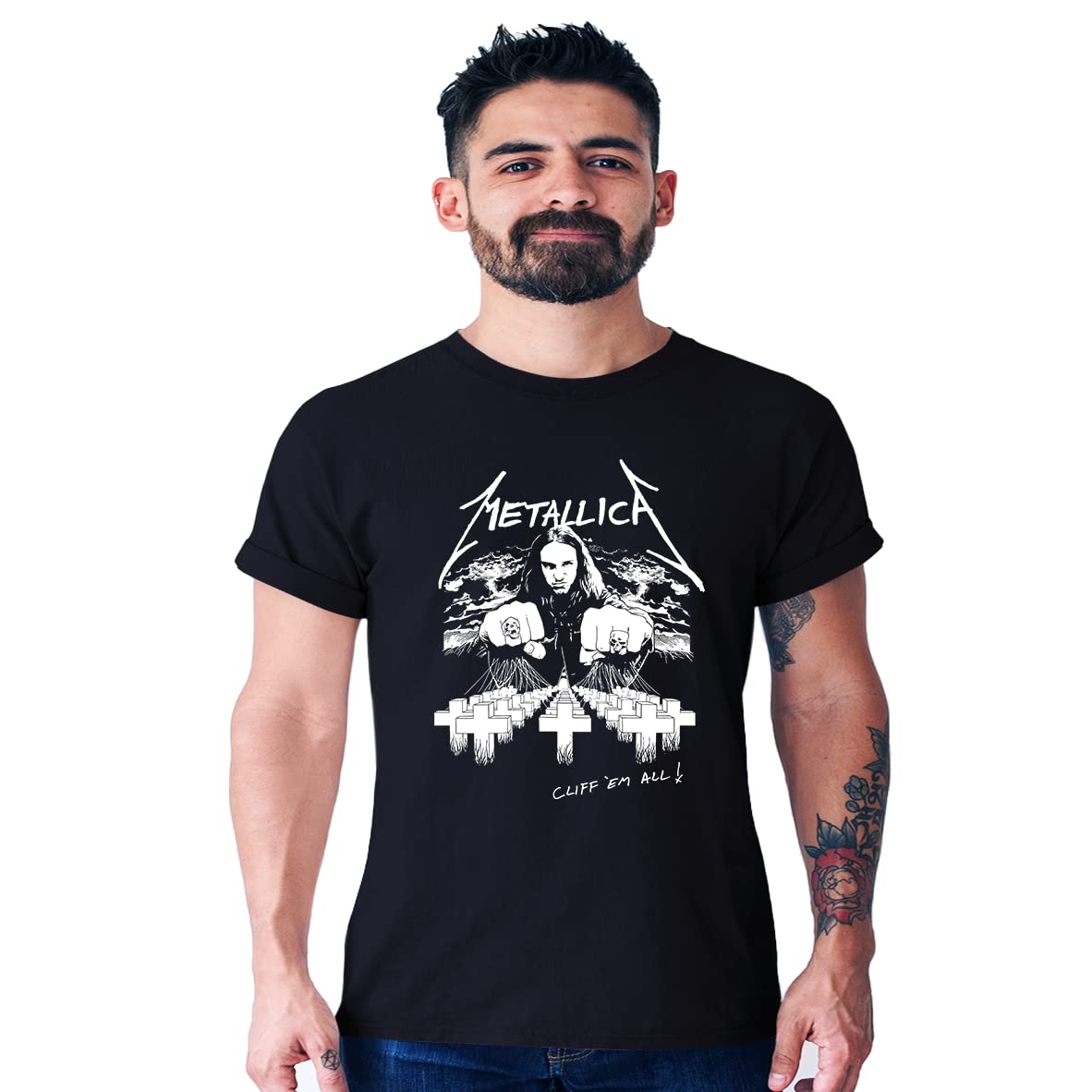 SPECIALTEES Men's Casual Regular Fit Metallica Cliff Metal Rock Band Black Half Sleeve Round Neck Cotton T-Shirt