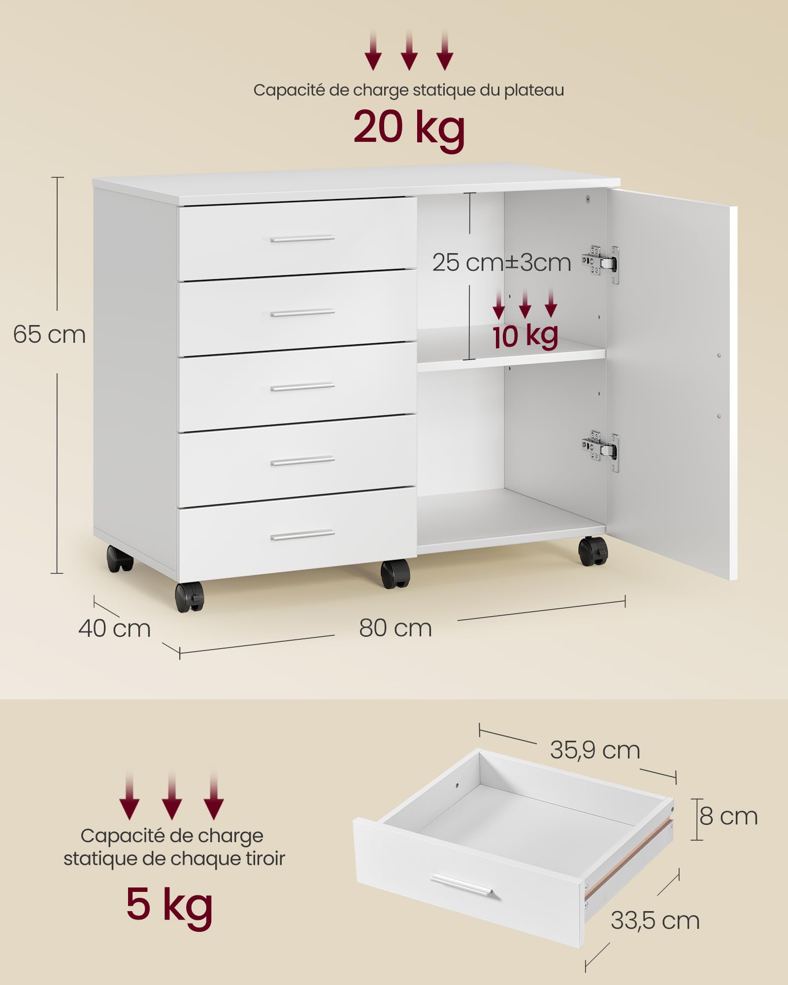 VASAGLE Caisson de Bureau, Meuble de Rangement avec 5 Tiroirs et 1 Porte, Support Imprimante sur roulettes, 80 x 40 x 65 cm, Blanc, pour Bureau à Domicile, Collection Custos OFC092WB02