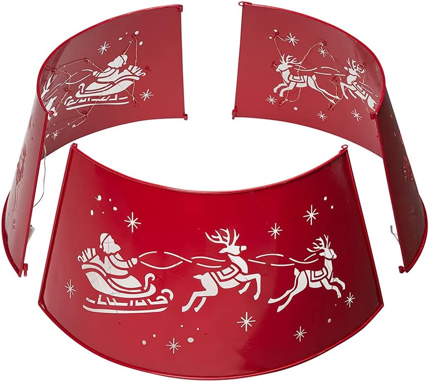 glitzhome 22" D Galvanized Metal Santa on Sleigh Tree Collar w/Light String Tree Base Cover Decorative Christmas Tree Ring for Christmas Decoration