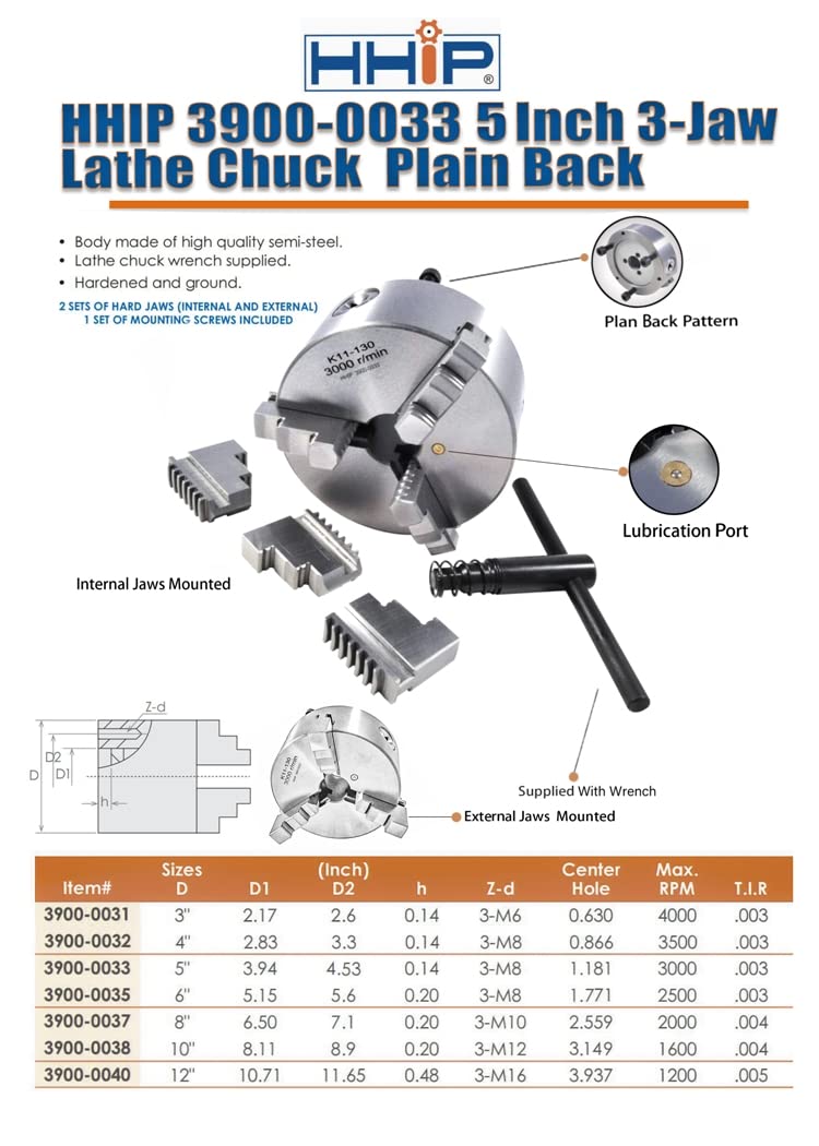 HHIP 3900-0033 5 Inch 3-Jaw Lathe Chuck, Plain Back, 5" Chuck Size - Image 3