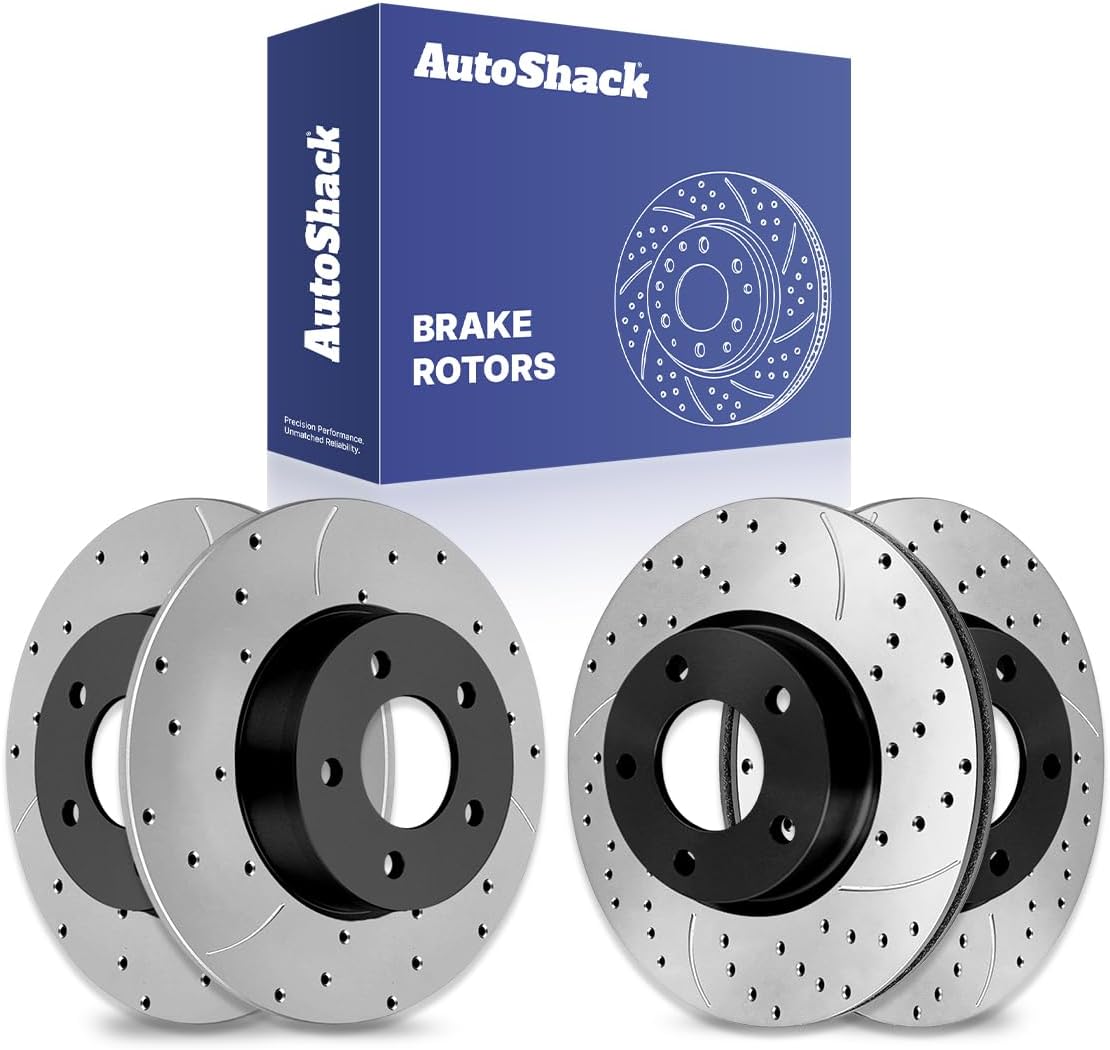 AutoShack Front Vented & Rear Solid Drilled & Slotted E-Coated Brake Rotors 4-PC Set Replacement for 2004-2012 Mazda 3 2009-2013 Mazda 3 Sport ShadowGuard