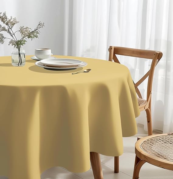 HEIPINIUYE 2 Pack Gold Tablecloth Round 84 Inch Round Plastic Table Cloth Waterproof Disposable Round Table Cover for Party Birthday Camping Picnic Baby Shower Circle Tablecloth
