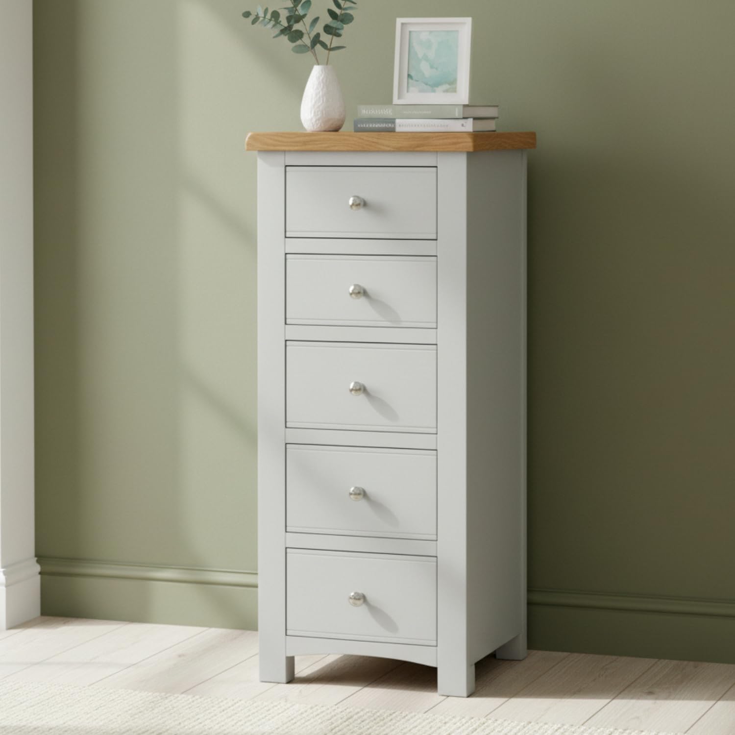 Cómoda de 5 cajones gris delgado para dormitorio mueble montado de madera pintada blanca