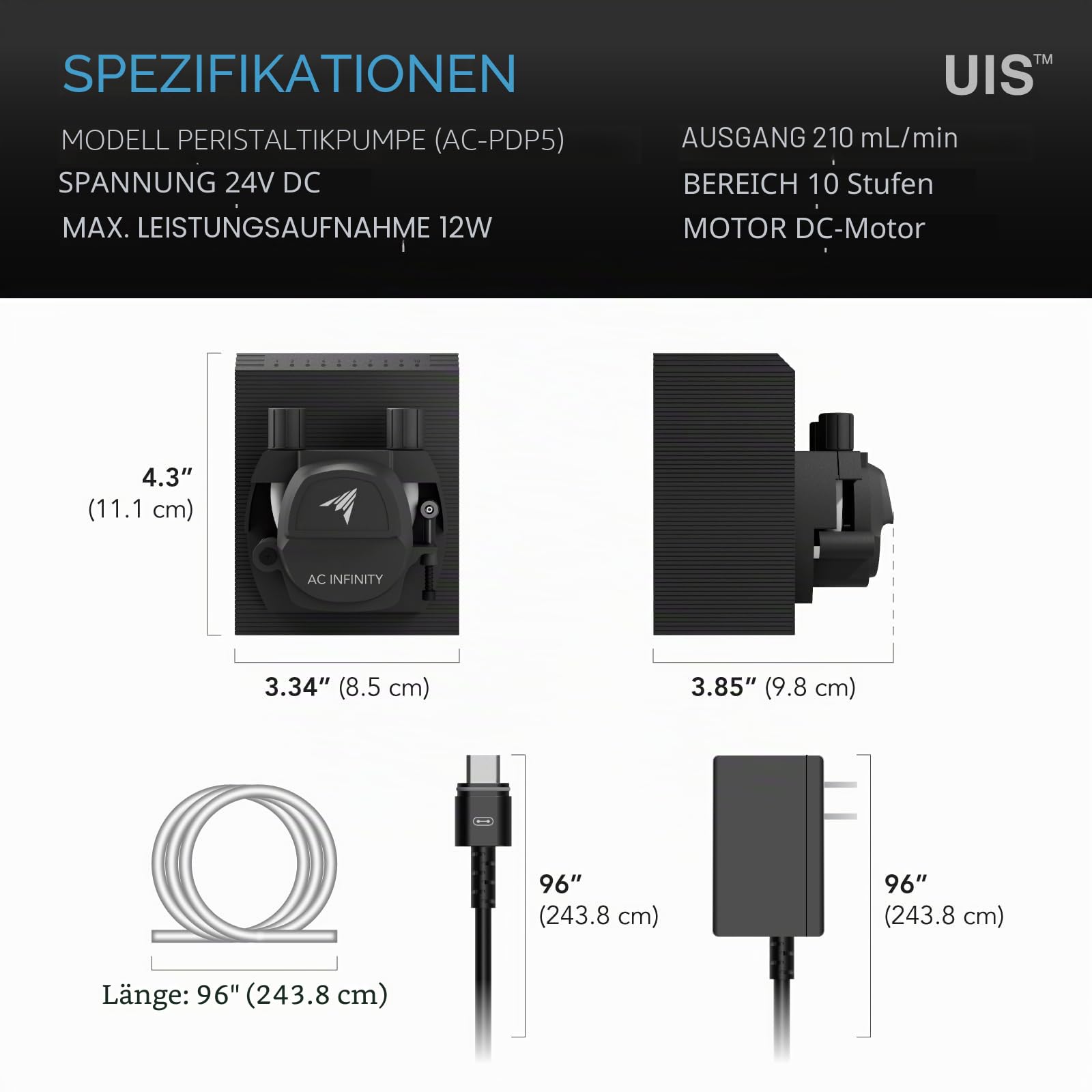 AC Infinity Peristaltische Dosierpumpe, 10-stufige Steuerung mit einstellbarer Durchflussrate von 21–210 ml/min, Rollerpumpe für Hydroponik, Aquarien, wissenschaftliche Labore