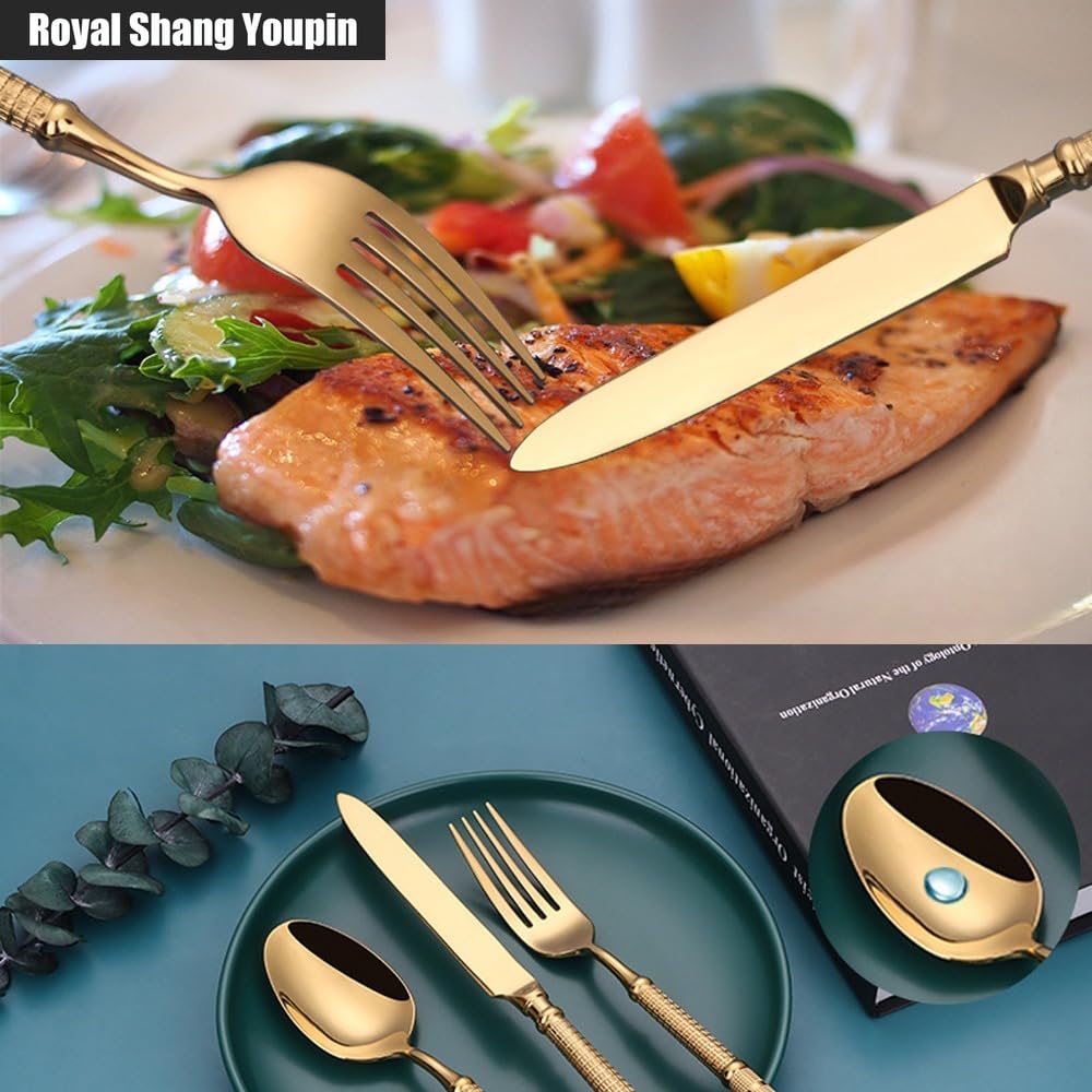 Luce Di Lusso Solido Rilievo Manico Rotondo Cucina Acciaio Inossidabile Posate Stoviglie Posate Set Coltello Da Bistecca Forchetta Cucchiaio Cucchiaino (Oro,5 pezzi)