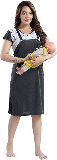 Fabme Women's Cotton Medium Casual Nursing Knee Length Nighty (Nw0171_Black_Free Size)
