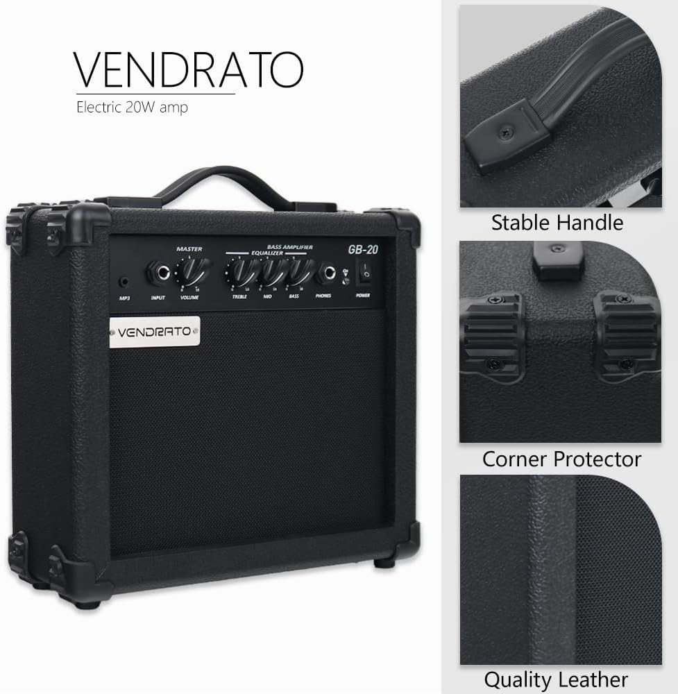 Electric Bass Amplifier 20w amp Black Color Multi Band Treble Middle bass mp3 Headphone Jack Portable for Starter Beginner Practice Travel bass Amp noiseless Cable Picks and Adapter with