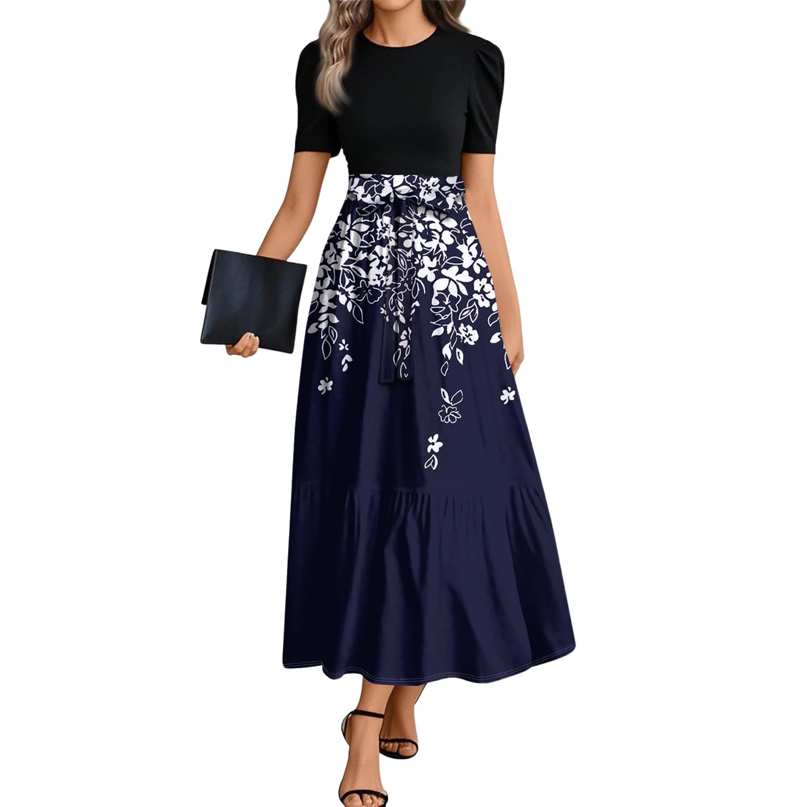 Summer Dresses for Women Elegant High Waist Maxi Dress Flowy Casual Long Dress A-Line Floral Printrd Dress with