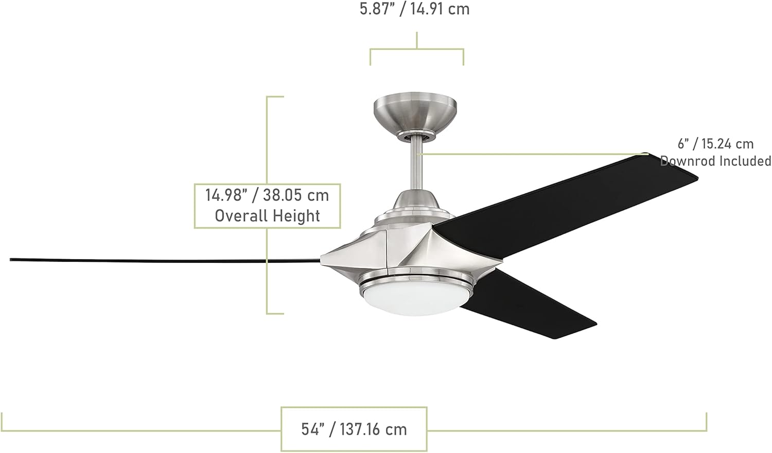 Diagram showing the dimensions of the Craftmade Echelon 54-inch Ceiling Fan, including overall height of 14.98 inches and a 54-inch diameter.