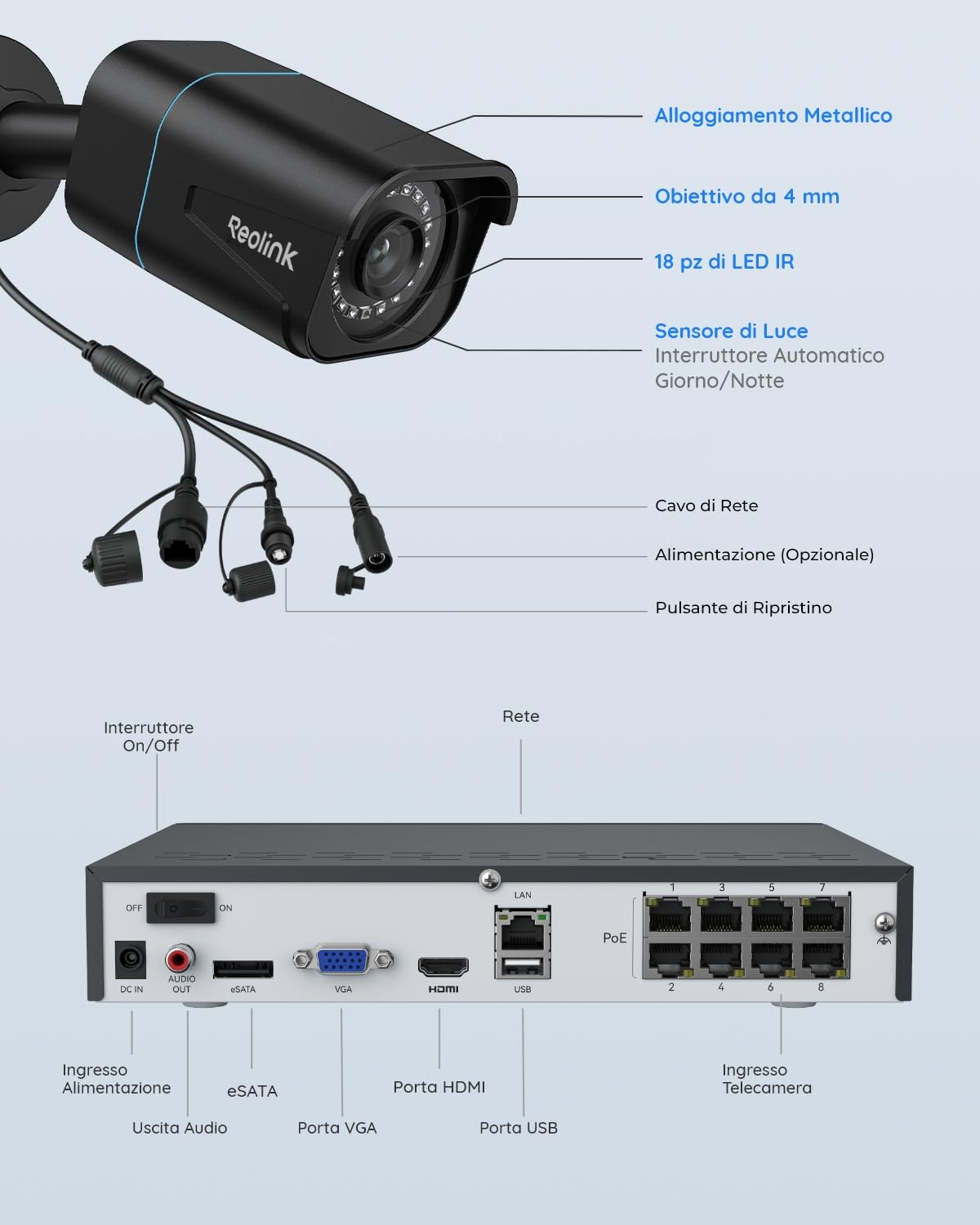 Reolink 4K PoE Kit Videosorveglianza Esterno, Rilevamento di Uomo/Veicolo, NVR 8CH 2TB + 4x Telecamere da Esterno, Visione Notturna Infrarossa, Espandibile a 16TB, Impermeabile IP67, RLK8-800B4 (Nero)