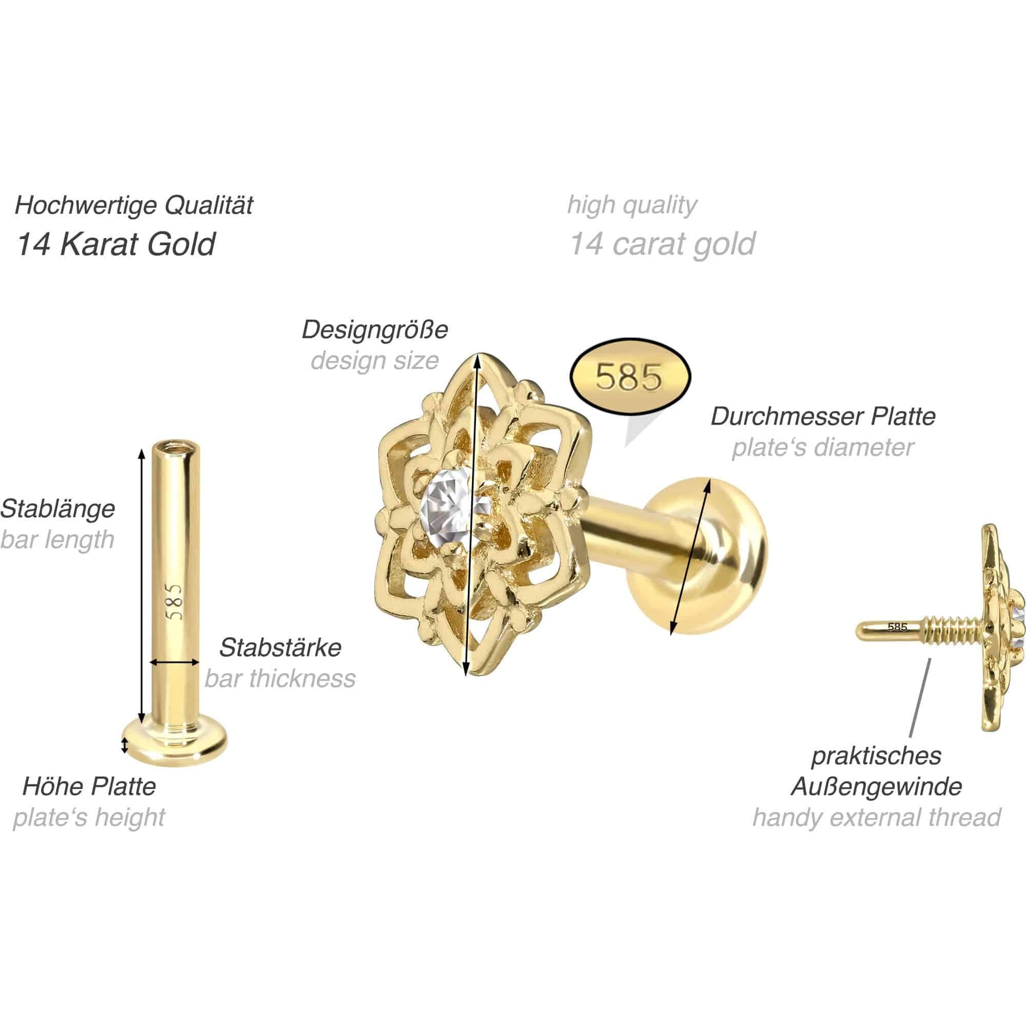 PIERCINGLINE Piercing Stecker 14 Gold Labret mit Innengewinde MOISSANIT + BLUME 585er Gold - Roségoldfarben, Goldfarben, Silberfarben