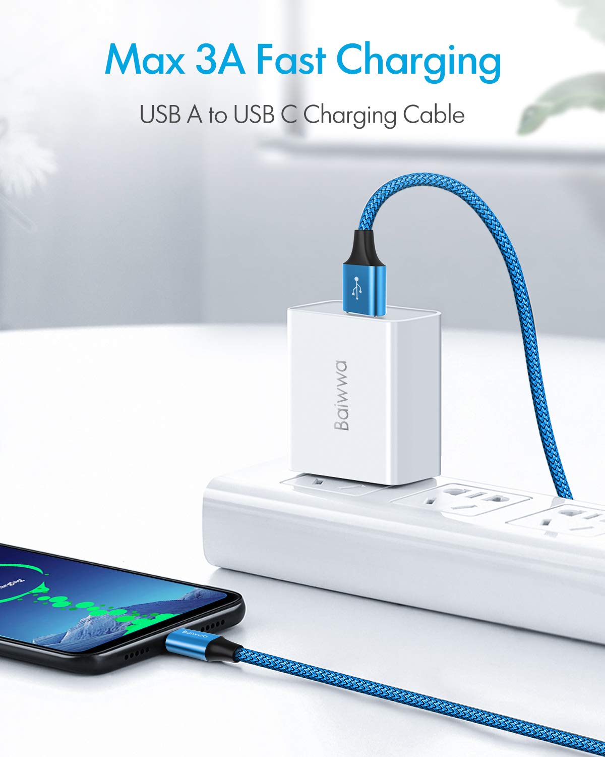 Baiwwa Cavo USB C 3 M 2Pezzi, Extra Lungo Cavo USB Type-C Ricarica Rapida Nylon Intrecciato per Samsung Galaxy S21 S20 S22 S23 S10 S9 S8 Plus, Realme -Blu