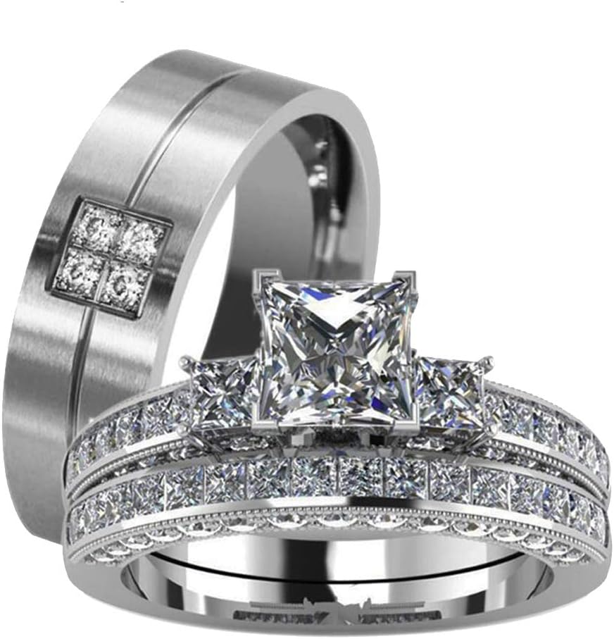 Couple Ring Bridal Set His Hers White Gold Plated CZ Stainless Steel Wedding Ring Band Set