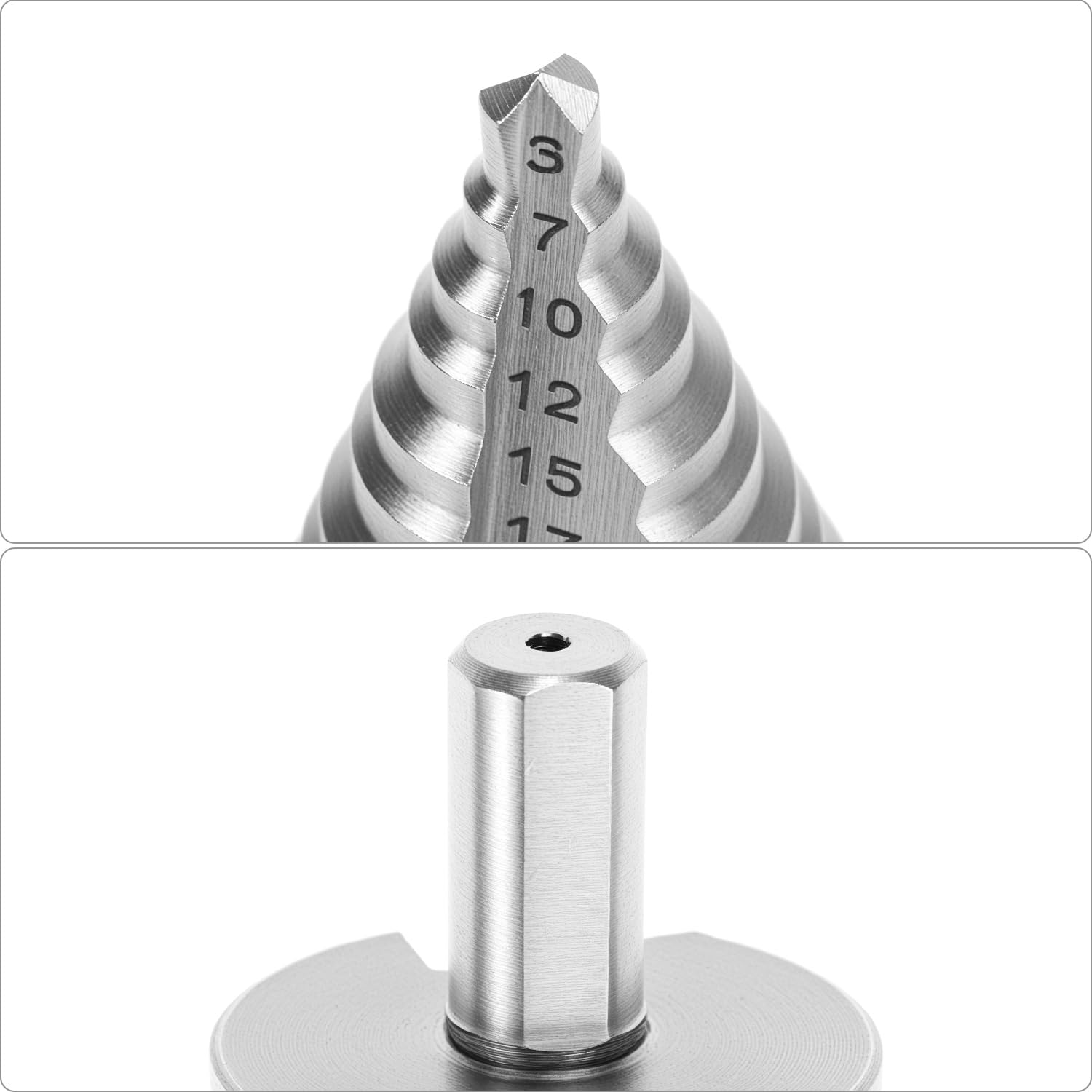 QWORK® Fresa a Gradini Ø 5-35mm (13 Livelli), HSS 4241, Rivestimento in Titanio - Albero Triangolare da 9.5mm - Per Alluminio, Ferro, Legno, e Plastica