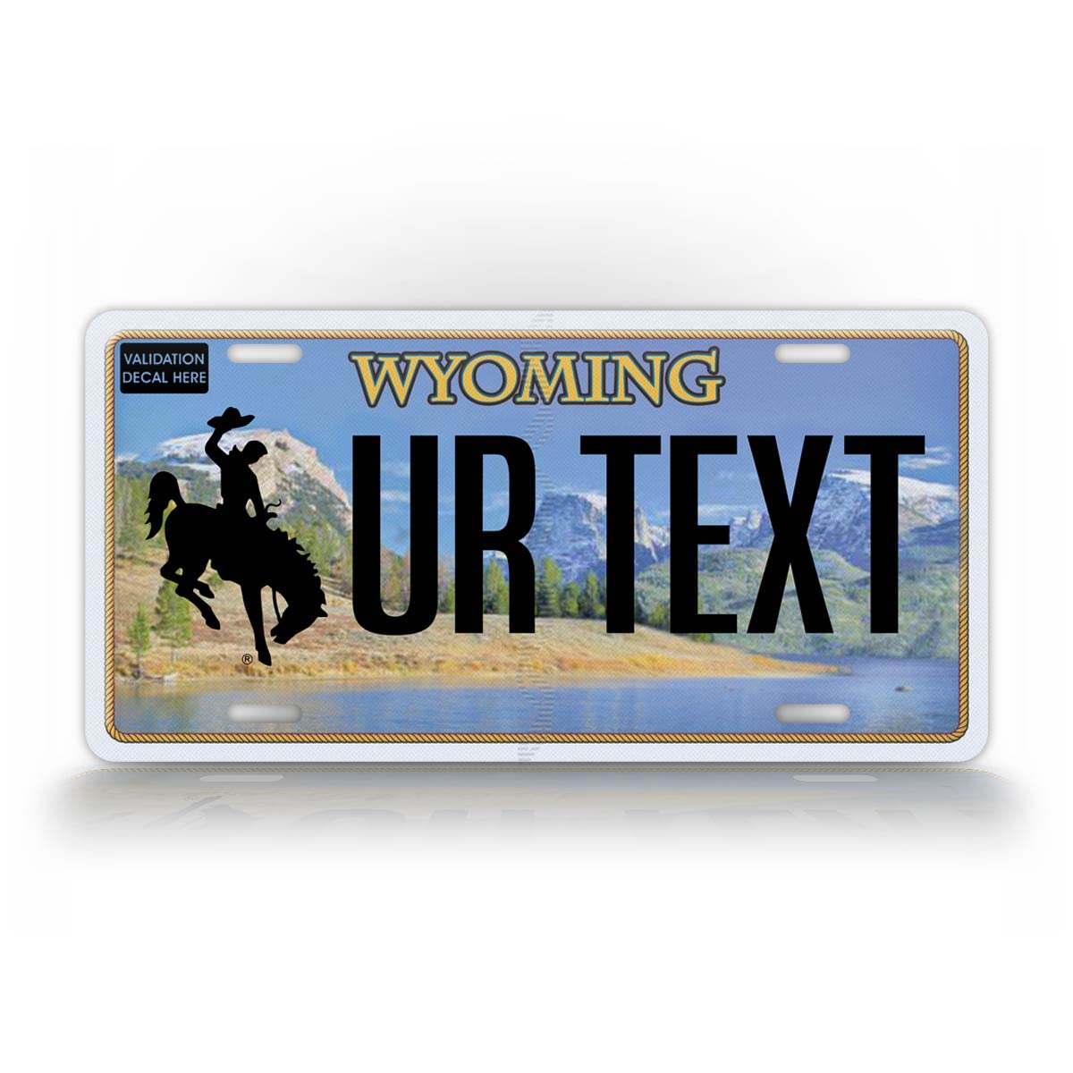 Plaque d'immatriculation US EMBOUTIE Wyoming bleue et blanche avec cavalier rouge, avec BORDURE BLANCHE format 300x150 mm