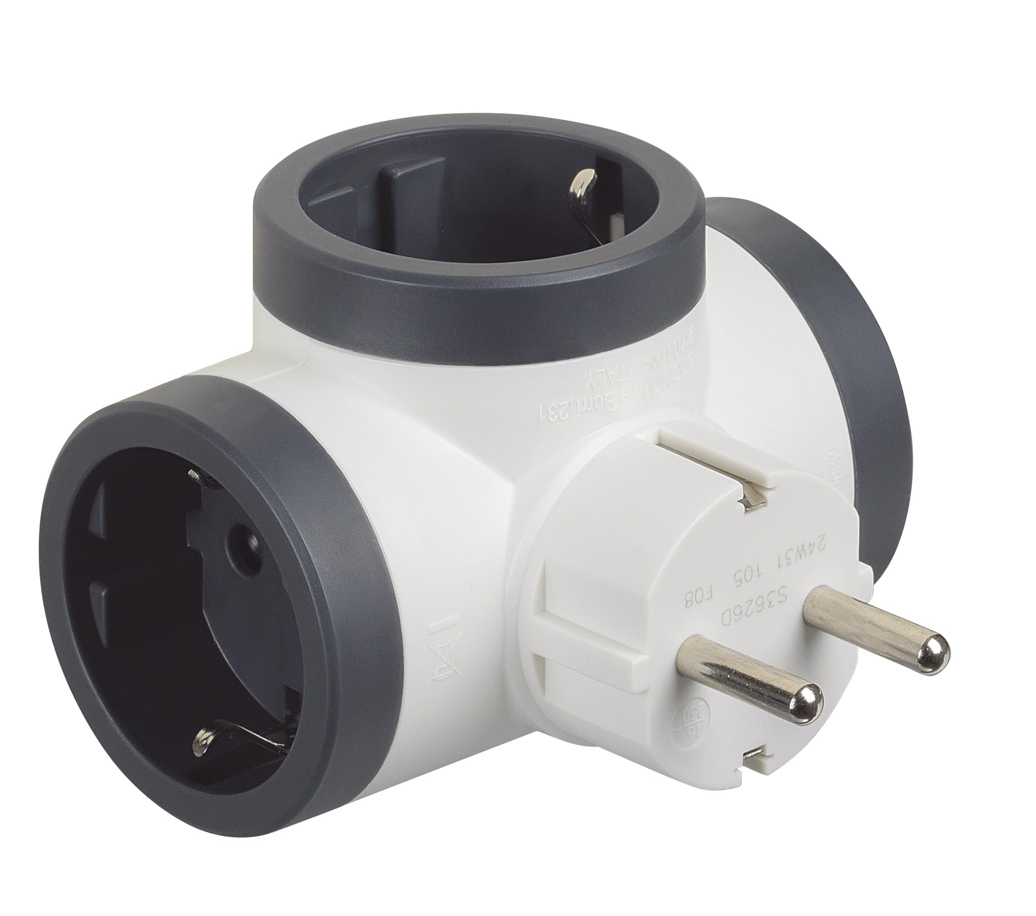 Bticino S3626D Adapter 3 Schuko Steckdosen Deutscher Standard Großer Stecker 16A Mehrfachstecker 3-seitig Mehrfachsteckdose bis 3500W Mehrfachadapter Platzsparend Matt