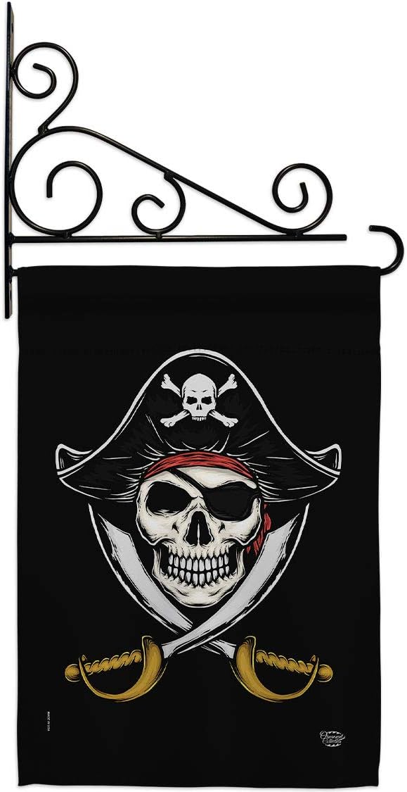 Pirates Garden Flag Set Wall Holder Coastal Pirate Ship Skull Treasure Map Carribean Jolly Blackbeard Jack Small Decorative Gift Yard House Banner Double-Sided Made In USA 13 X 18.5