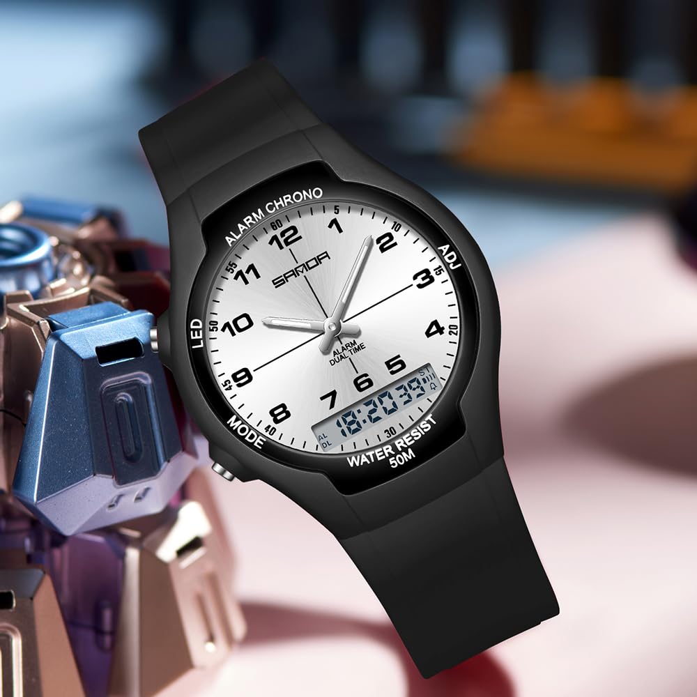 Gosasa Orologio sportivo da uomo e donna, analogico, digitale, doppio fuso orario, impermeabile fino a 50 m, sveglia, cronografo, retroilluminazione a LED, in silicone