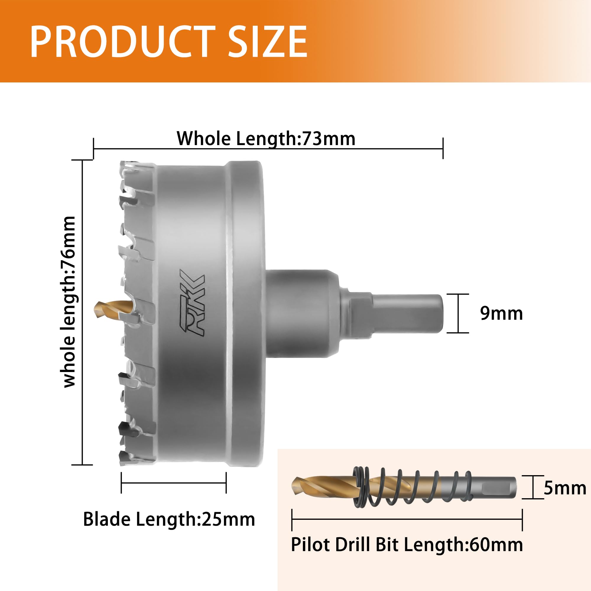 RKK Sierra perforadora de carburo de tungsteno para metal duro, acero, hierro, madera, plástico con 1 broca piloto chapada en titanio (76 mm)