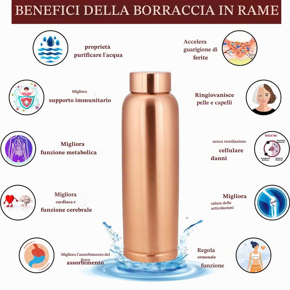 Borraccia in rame puro al 99,76% ~ 100%, 1000 ml, dorata, riutilizzabile, finitura opaca, rame antimicrobico, ciclismo, idratazione in movimento, sport, adulti, tinta unita